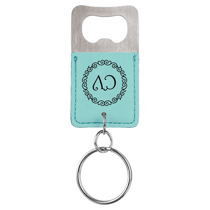 Teal Rectangle Laserable Leatherette Bottle Opener Keychain