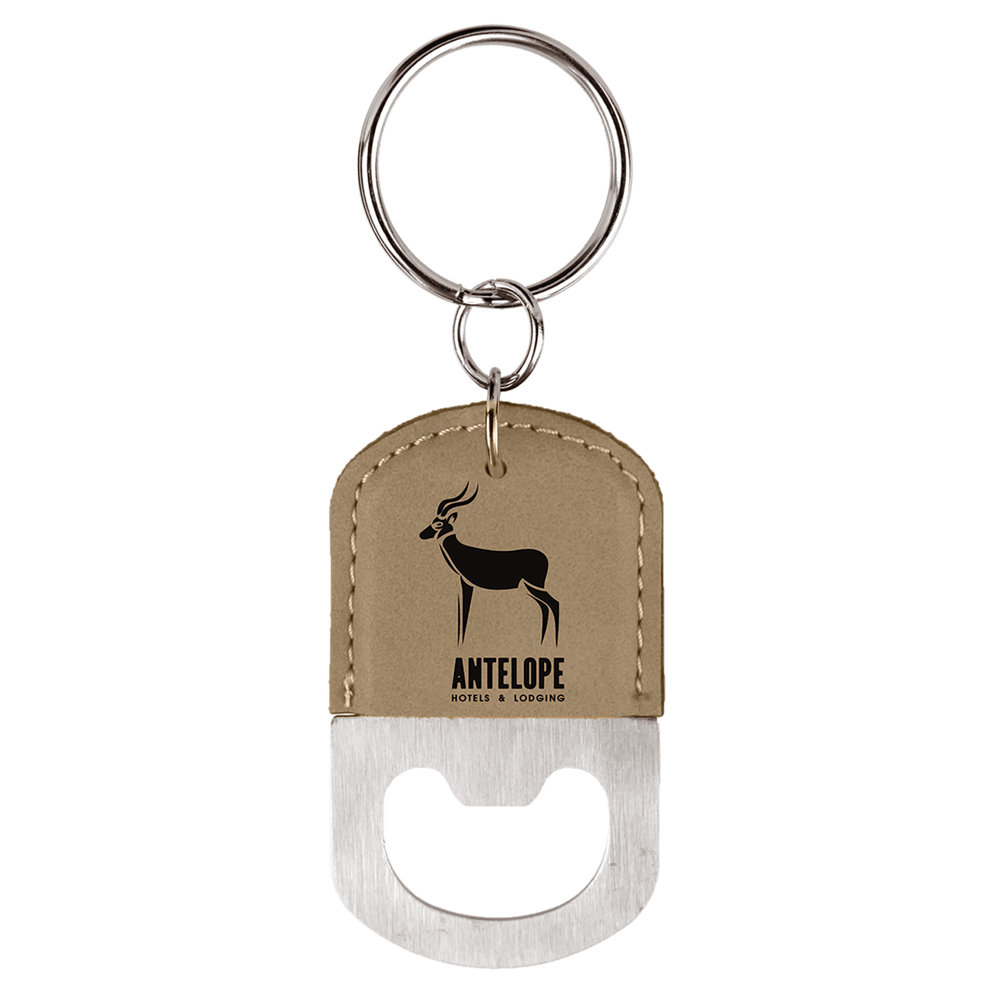 Light Brown Oval Laserable Leatherette Bottle Opener Keychain