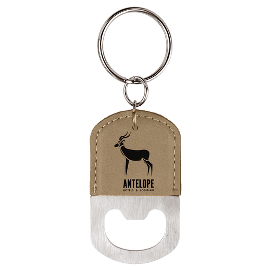 Light Brown Oval Laserable Leatherette Bottle Opener Keychain