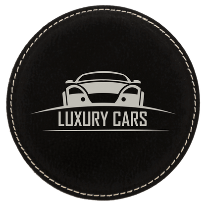 Black/Silver 4" Round Laserable Leatherette Coaster