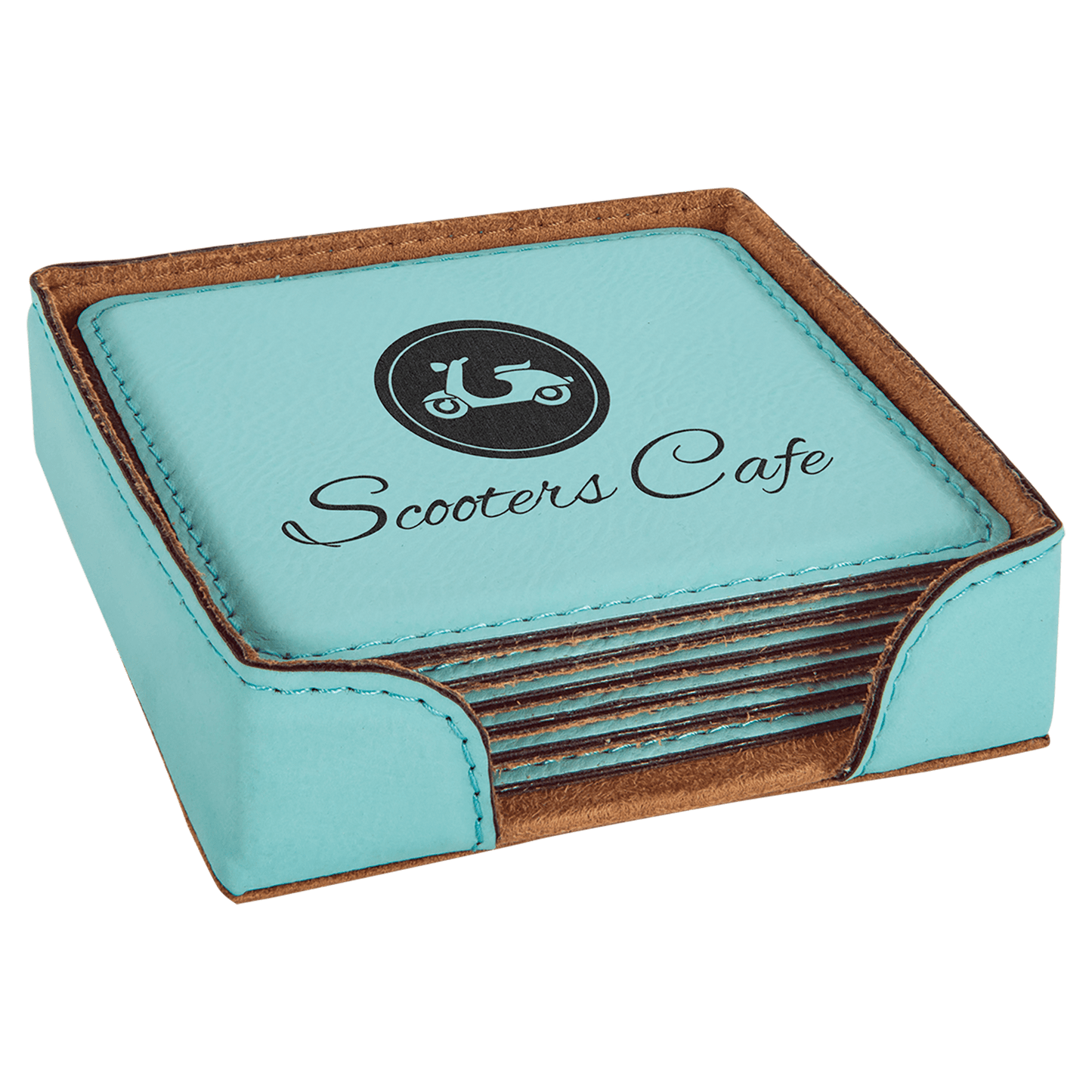 Teal 4" x 4" Square Laserable Leatherette 6-Coaster Set