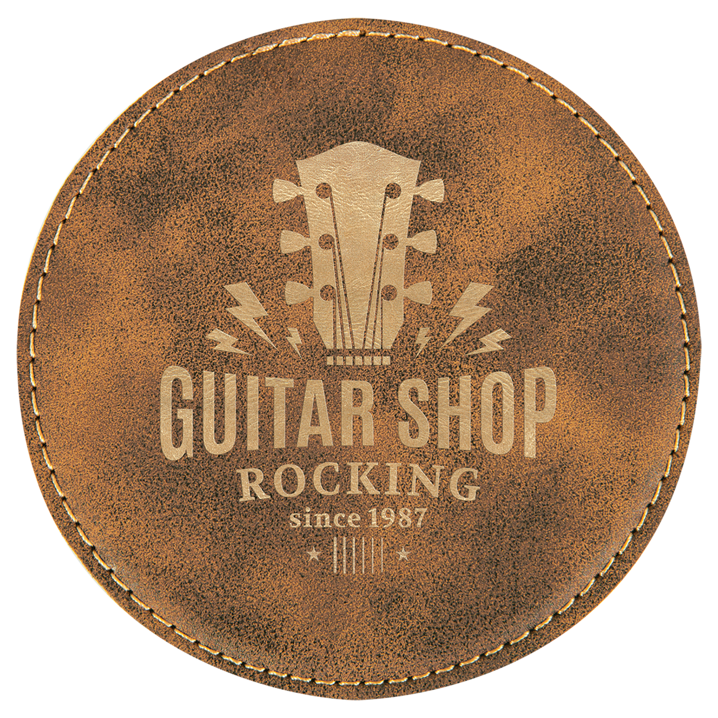 Rustic/Gold 4" Round Laserable Leatherette Coaster