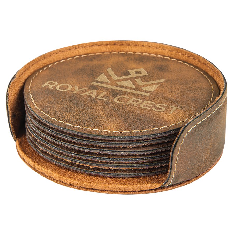 Rustic/Gold 4" Round Laserable Leatherette 6-Coaster Set