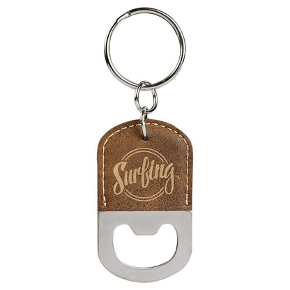 Rustic/Gold Oval Laserable Leatherette Bottle Opener Keychain