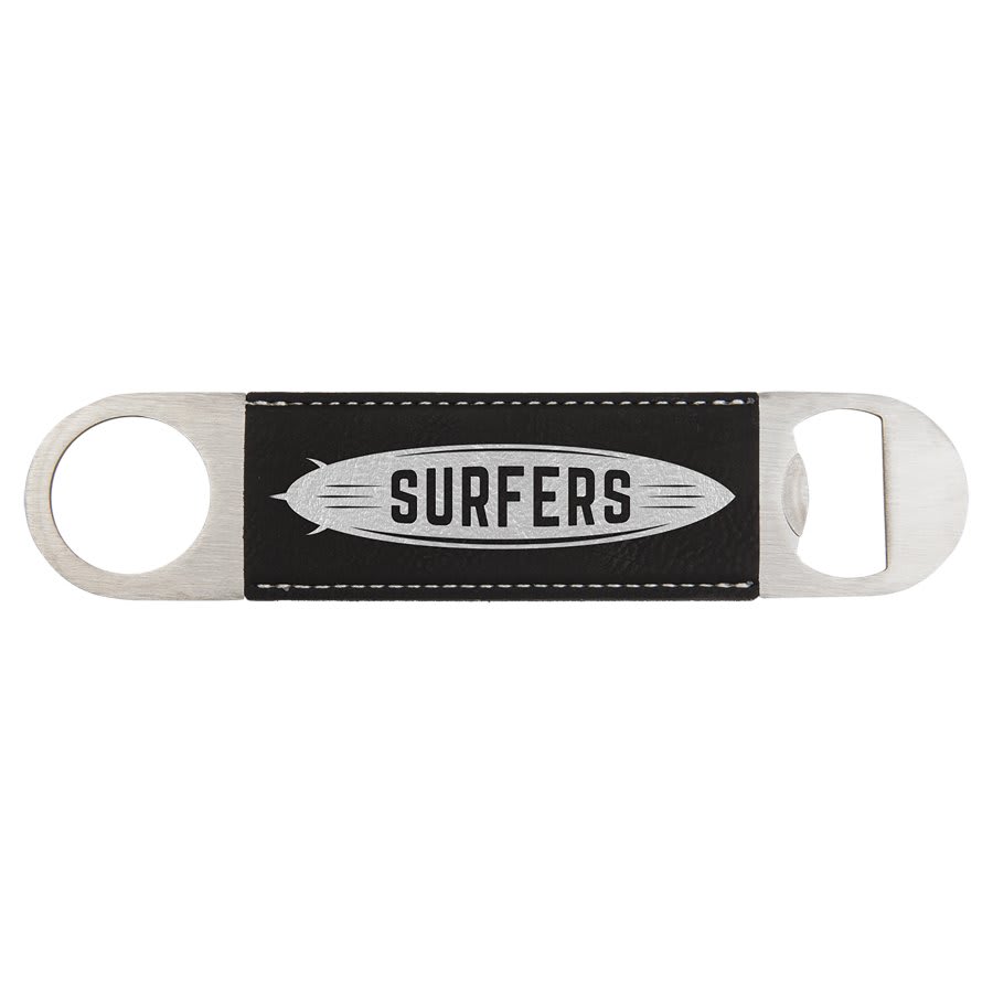 Black/Silver 1 1/2" x 7" Laserable Leatherette Bottle Opener