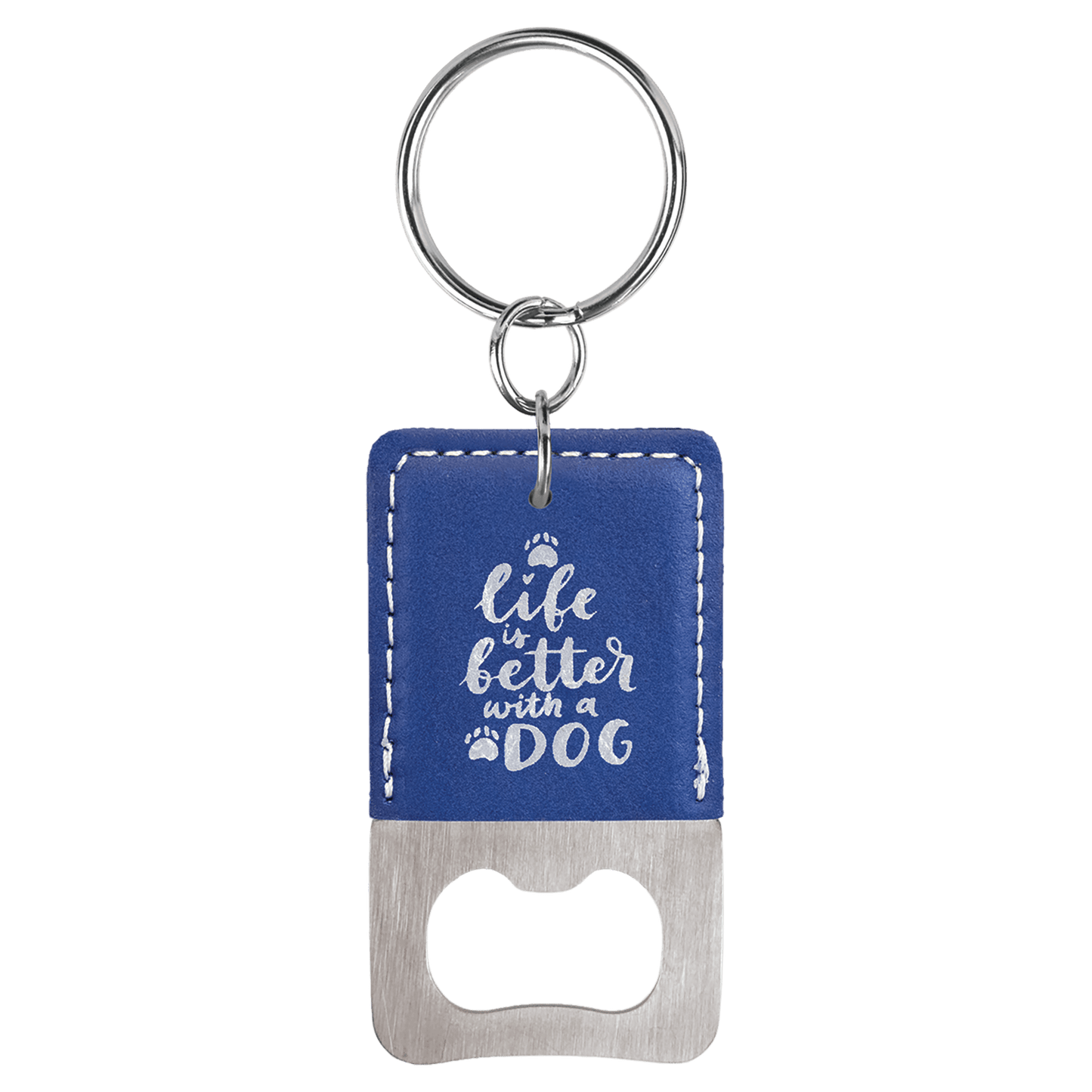 Blue/Silver Rectangle Laserable Leatherette Bottle Opener Keychain