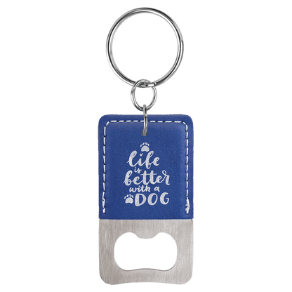 Blue/Silver Rectangle Laserable Leatherette Bottle Opener Keychain