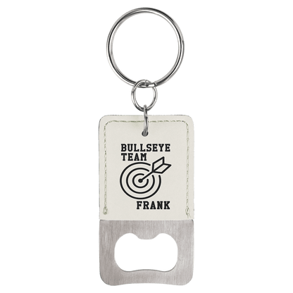 White Rectangle Laserable Leatherette Bottle Opener Keychain