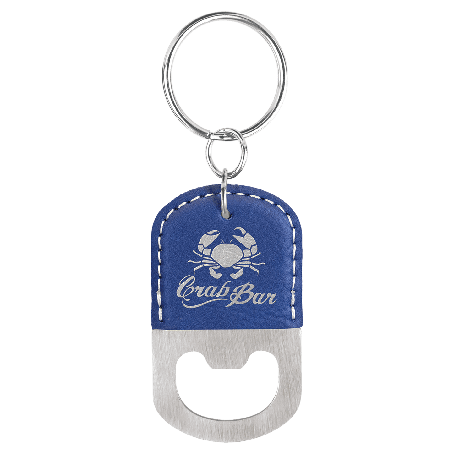 Blue/Silver Oval Laserable Leatherette Bottle Opener Keychain
