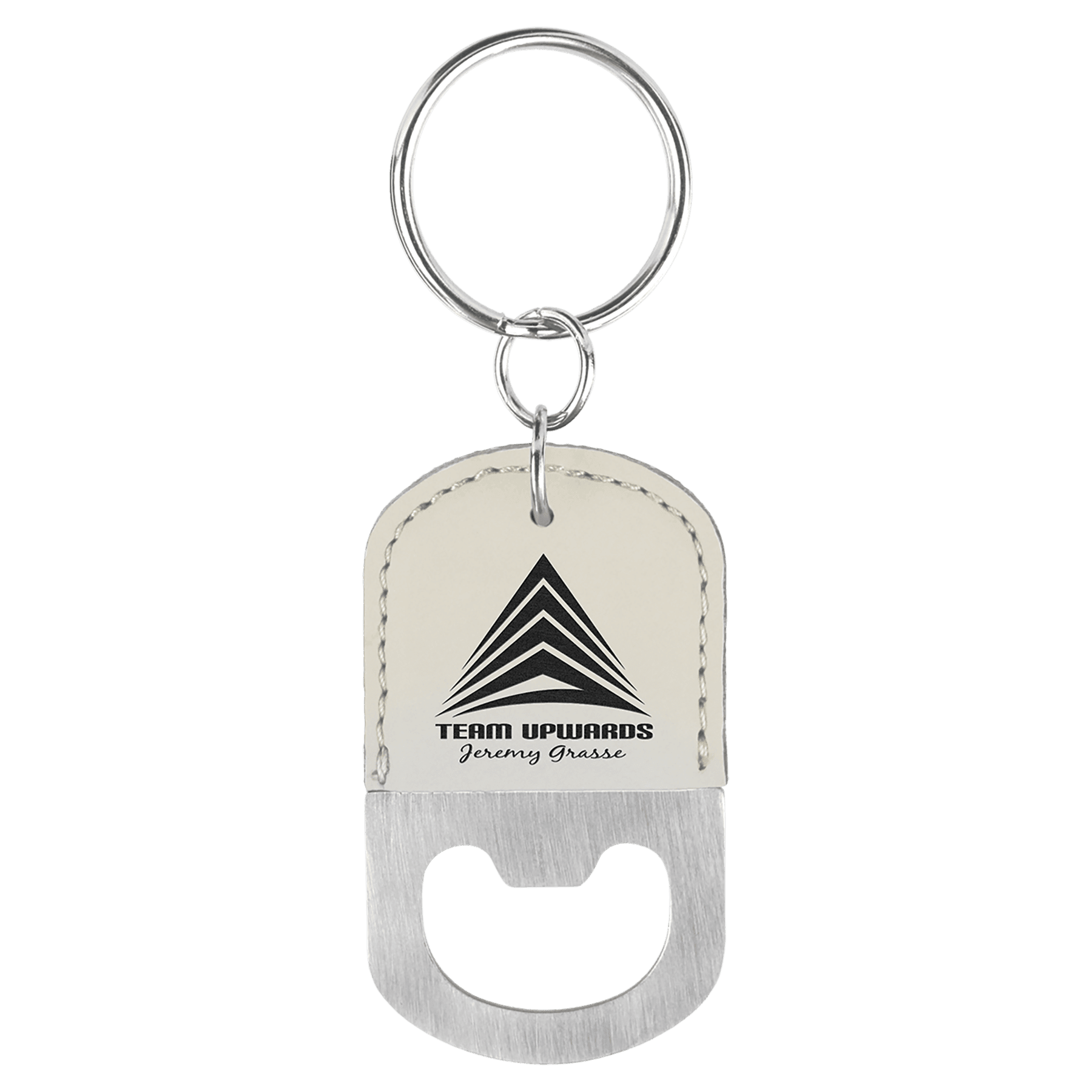 White Oval Laserable Leatherette Bottle Opener Keychain