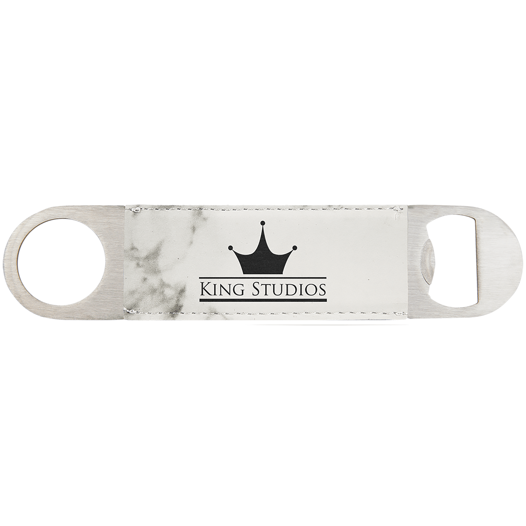 White Marble 1 1/2" x 7" Laserable Leatherette Bottle Opener