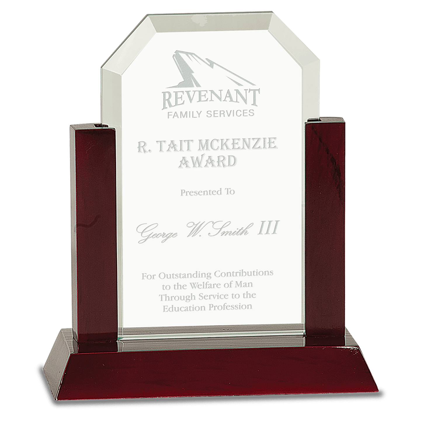 7" Gateway Jade Clip Corner Glass Award with Rosewood Finish Base