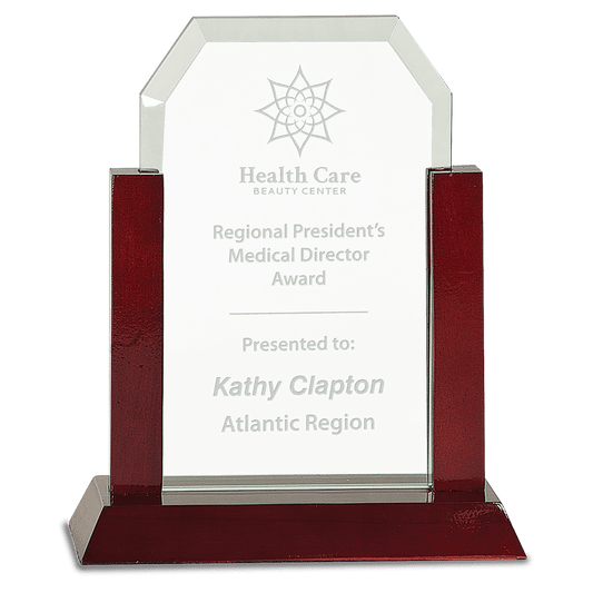8" Gateway Jade Clip Corner Glass Award with Rosewood Finish Base