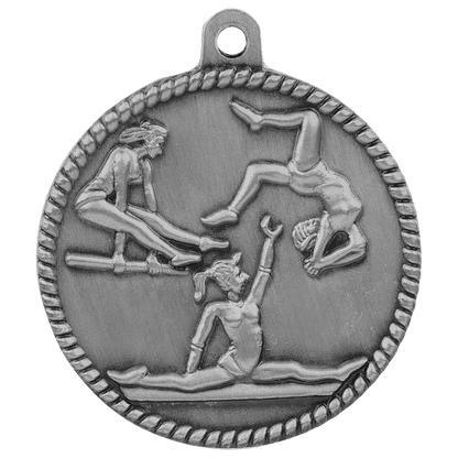 Antique Silver 2" Female Gymnastics High Relief Medal
