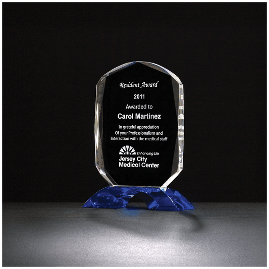 5 3/4" x 7 5/8" Diamond Series Clear Crystal Award with Cobalt Blue Crystal Base