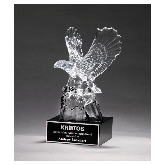 4 1/2" x 9 1/2" Beautiful Carved Crystal Eagle on a Black Crystal Base with Black Laserable Aluminum Plate