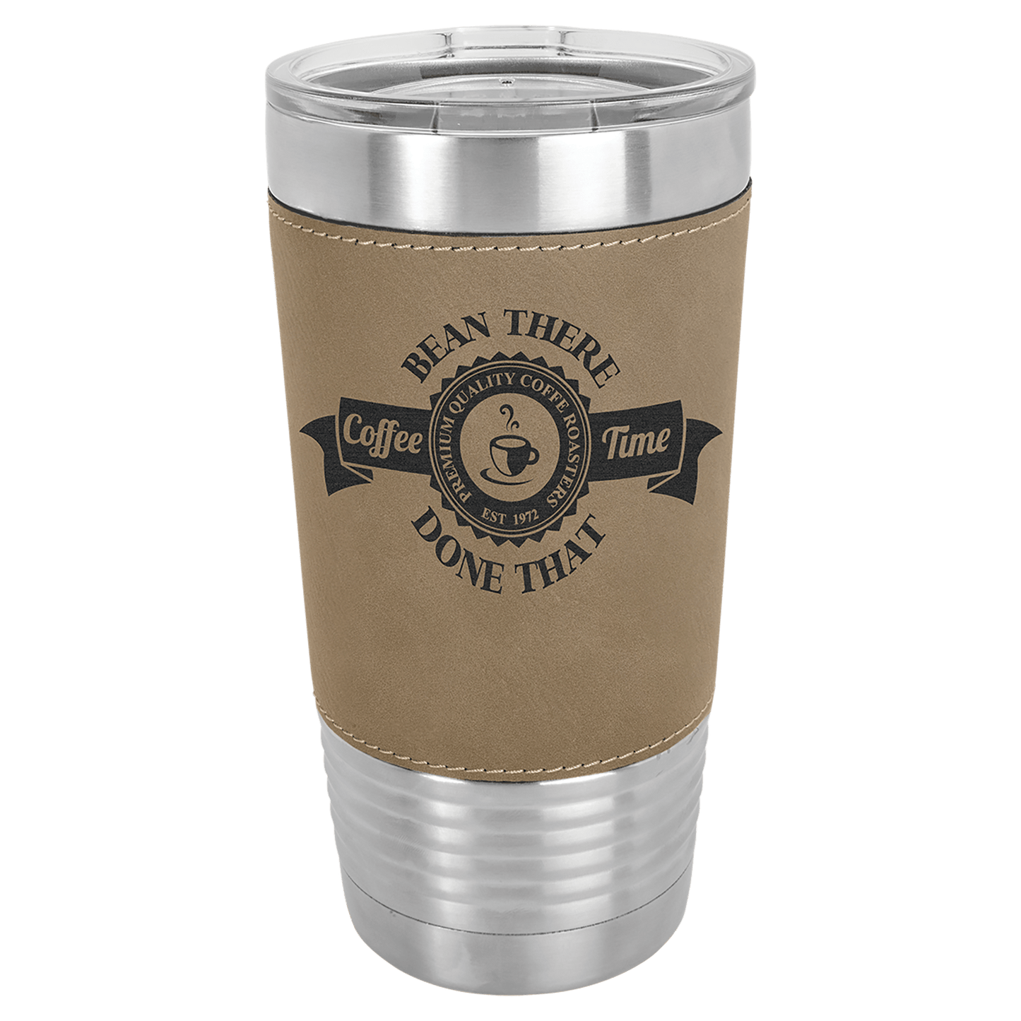 Light Brown Polar Camel 20 oz. Laserable Leatherette Tumbler with Clear Lid