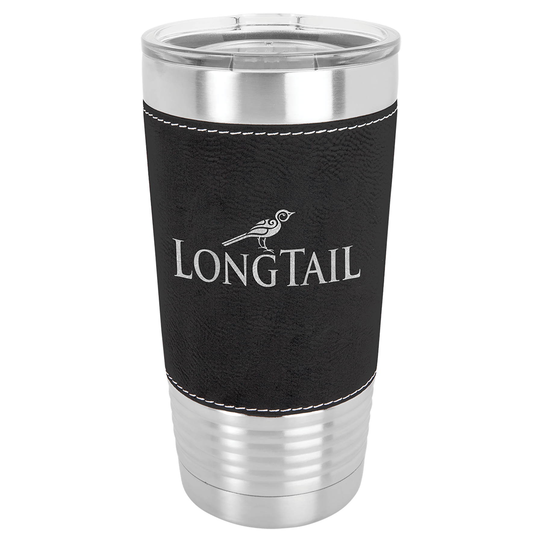 Black/Silver Polar Camel 20 oz. Laserable Leatherette Tumbler with Clear Lid