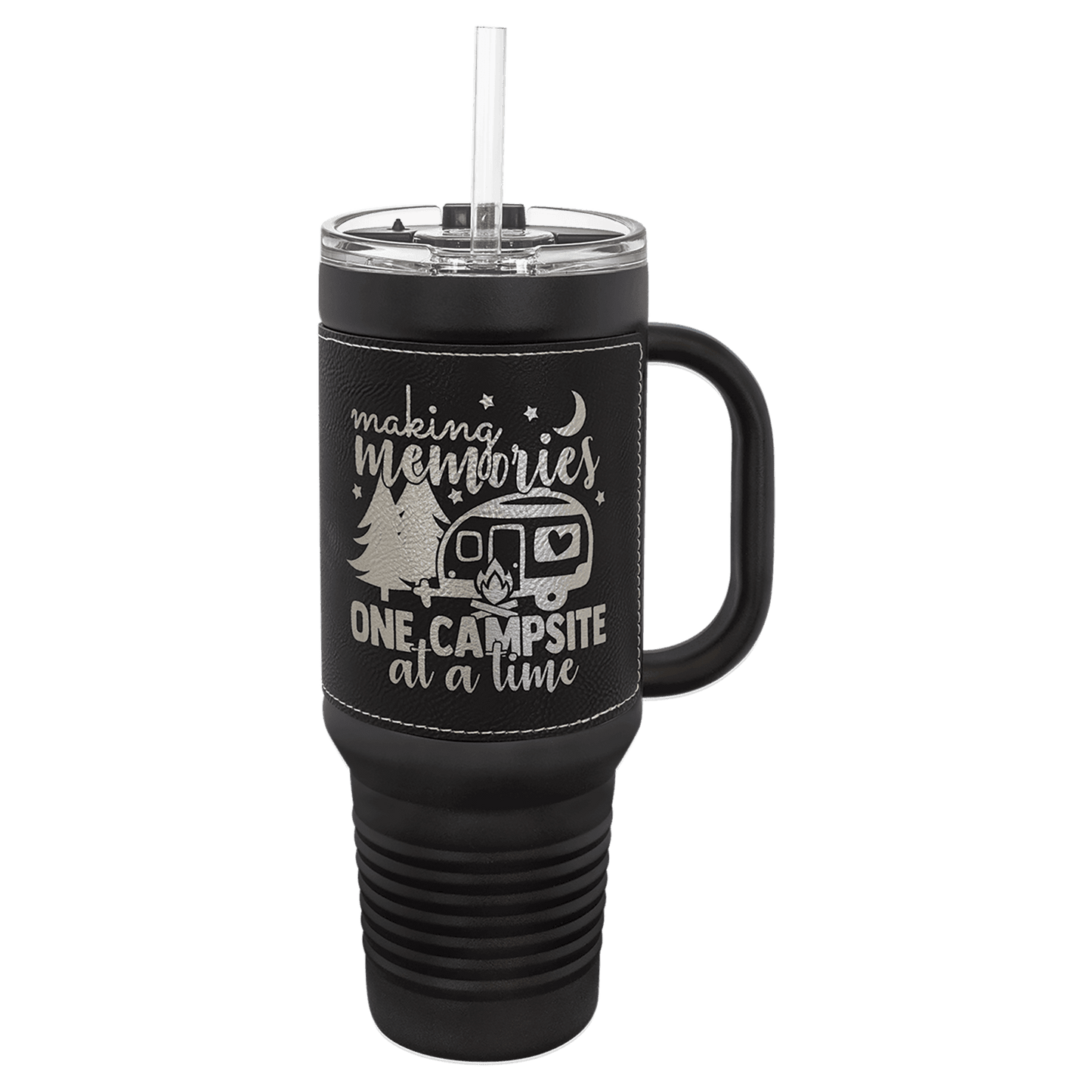 Black Black Silver Polar Camel 40 oz. Laserable Leatherette Travel Mug with a Handle & Straw