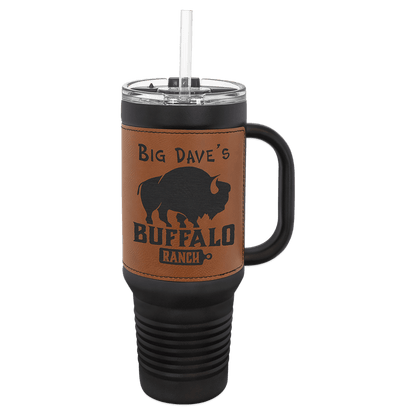 Black Rawhide Polar Camel 40 oz. Laserable Leatherette Travel Mug with a Handle & Straw