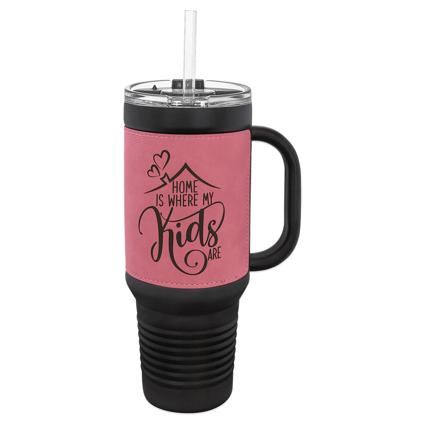 Black Pink Polar Camel 40 oz. Laserable Leatherette Travel Mug with a Handle & Straw