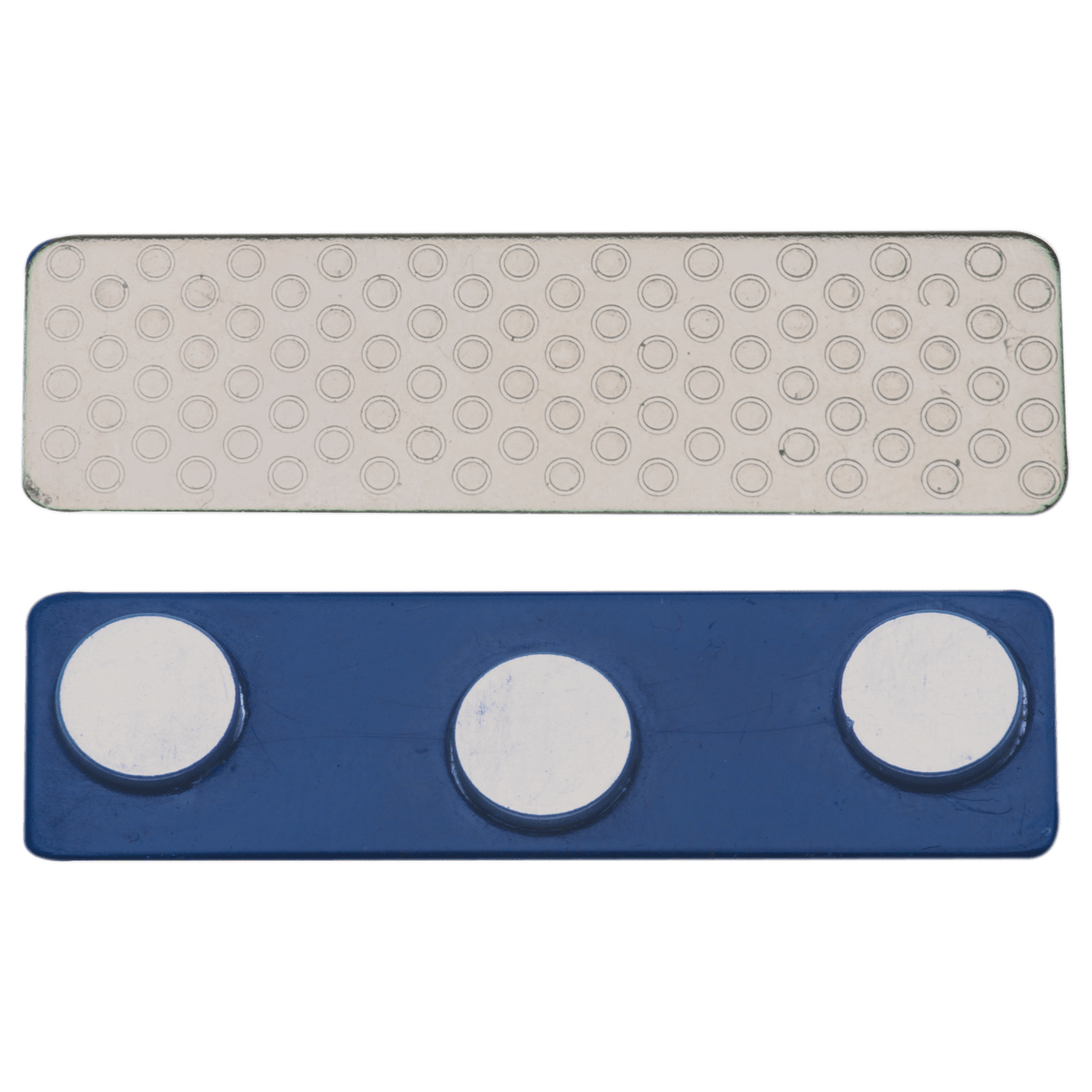 1 3/4" x 1/2" 3-Post Blue Plastic Backed Magnet with Adhesive