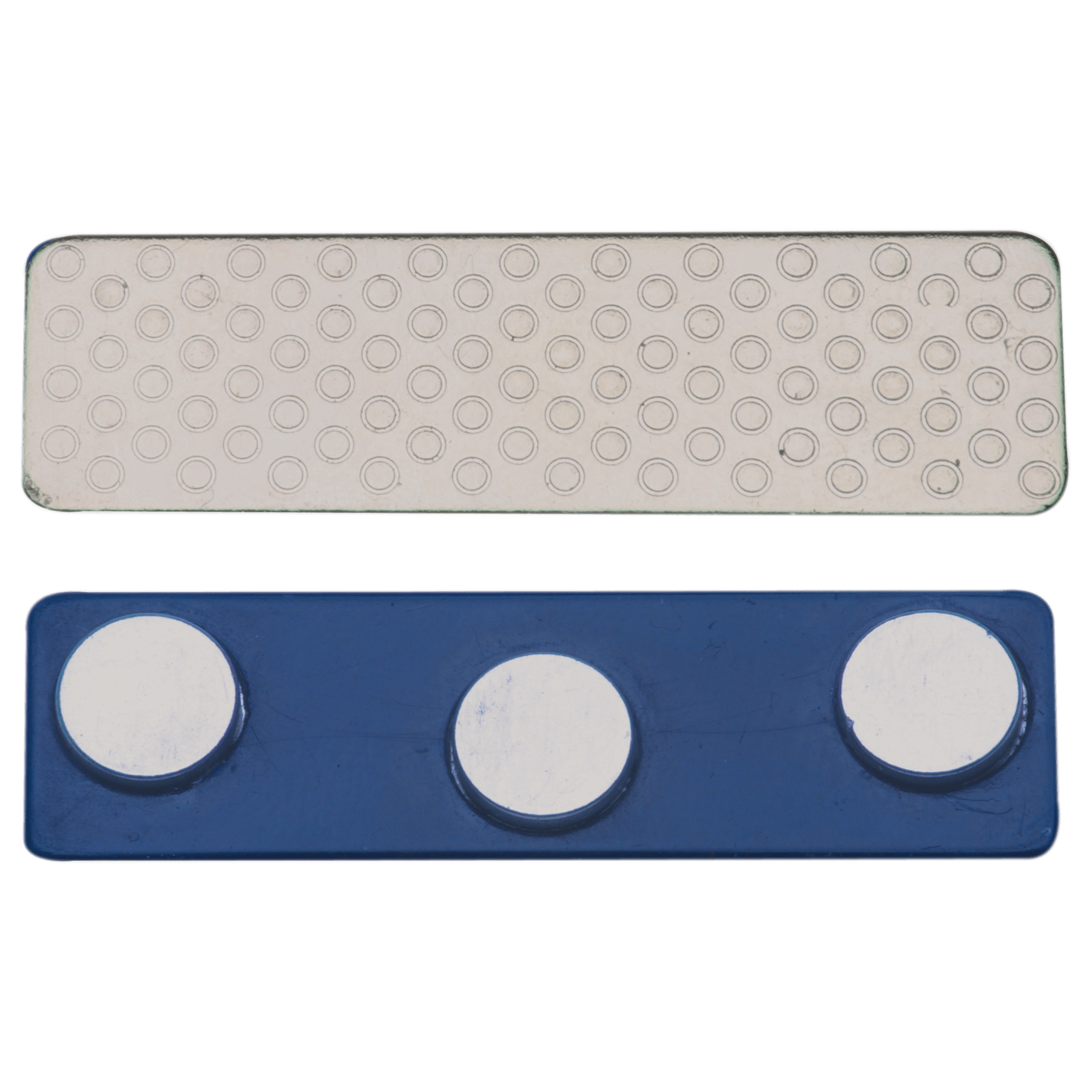 1 3/4" x 1/2" 3-Post Blue Plastic Backed Magnet with Adhesive