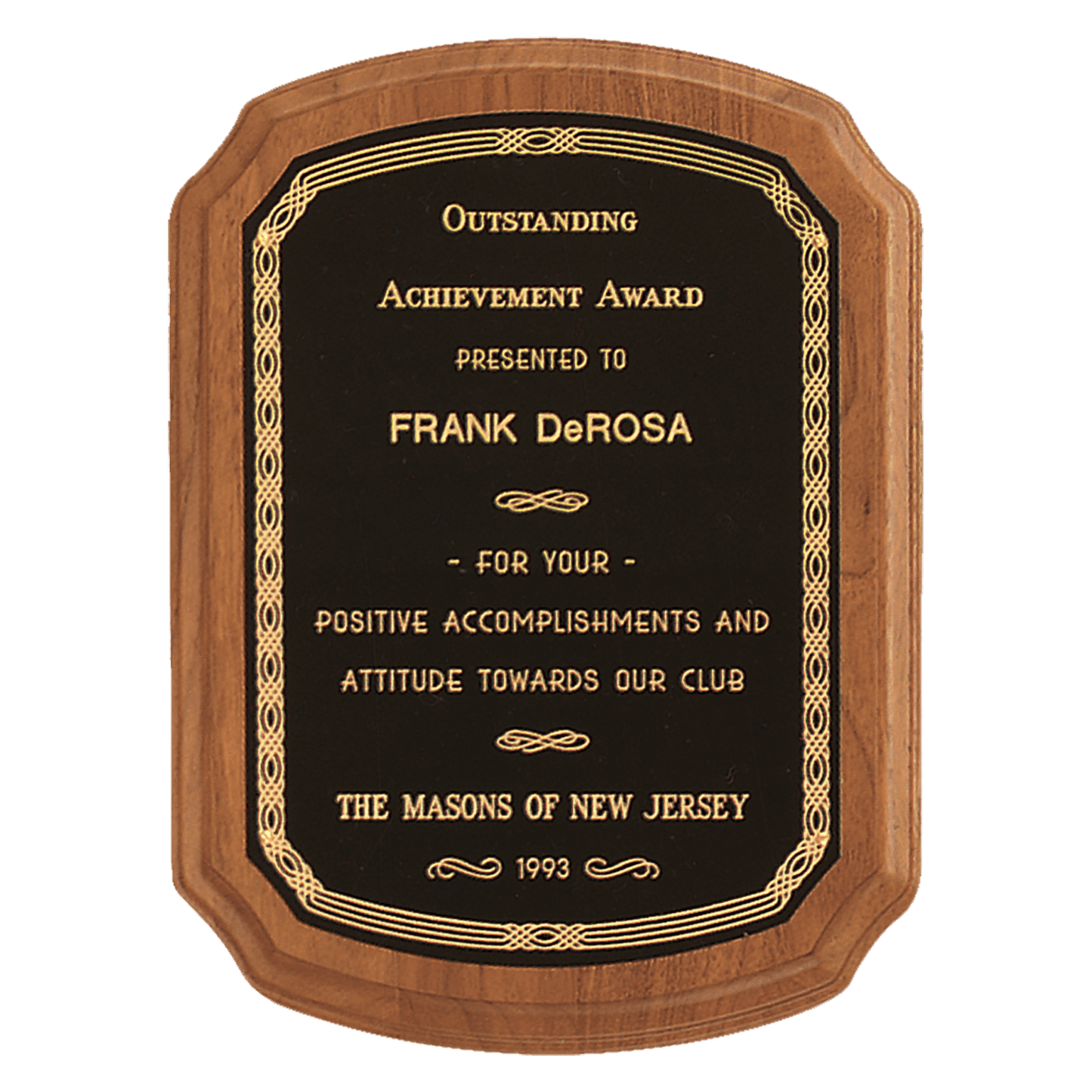 5" x 7" Coventry Series American Walnut Plaque with Gold Border Laserable Black Brass Plate