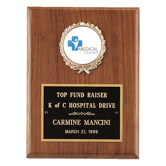 4 1/2" x 6" American Walnut Plaque with Gold Border Black Laserable Brass Plate and 2" Insert Holder- Witney Series (2" Inserts Sold Seperately)