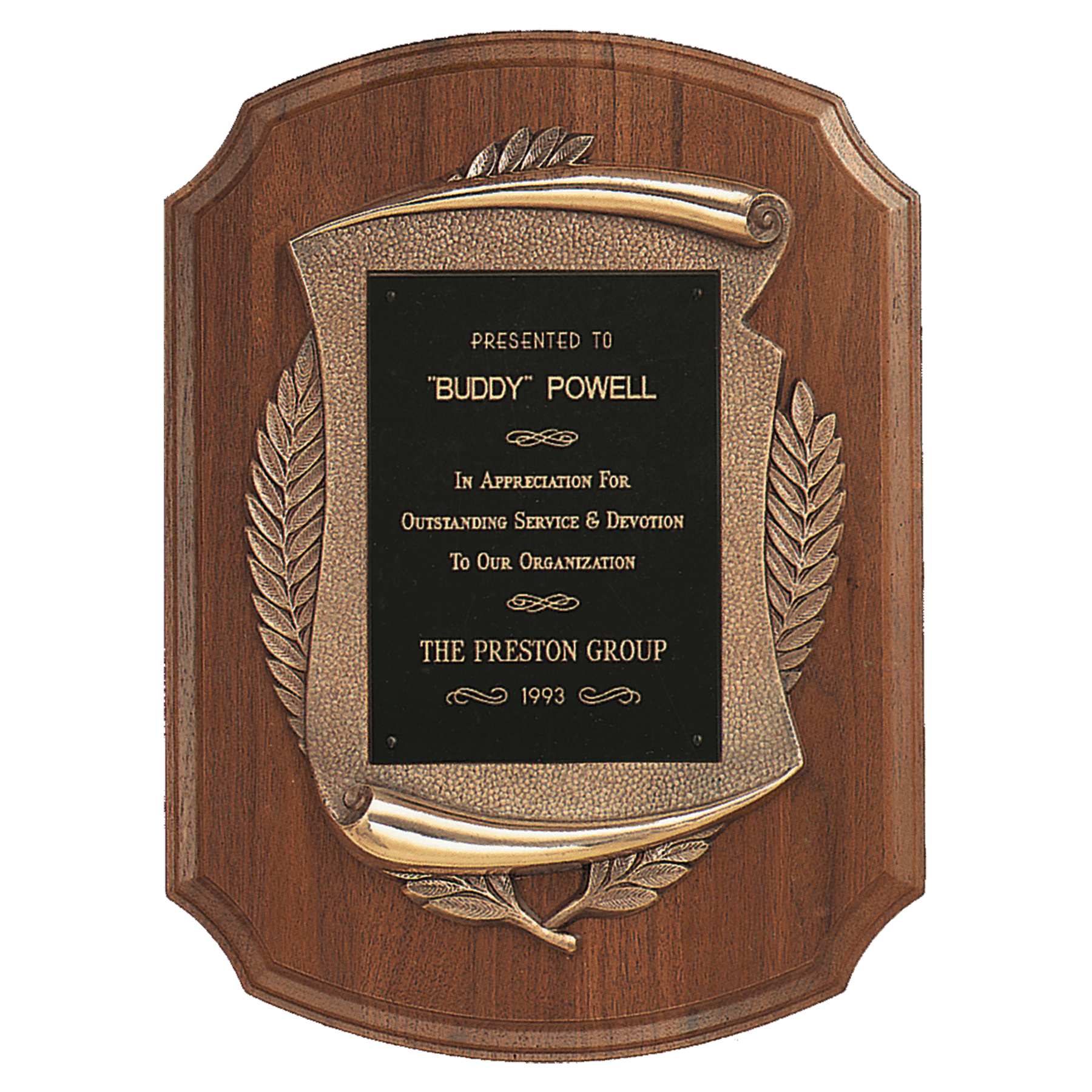 Walnut Notch Corner Plaque w/Antique Bronze Scroll & Black Brass 11" x 15" American Plate