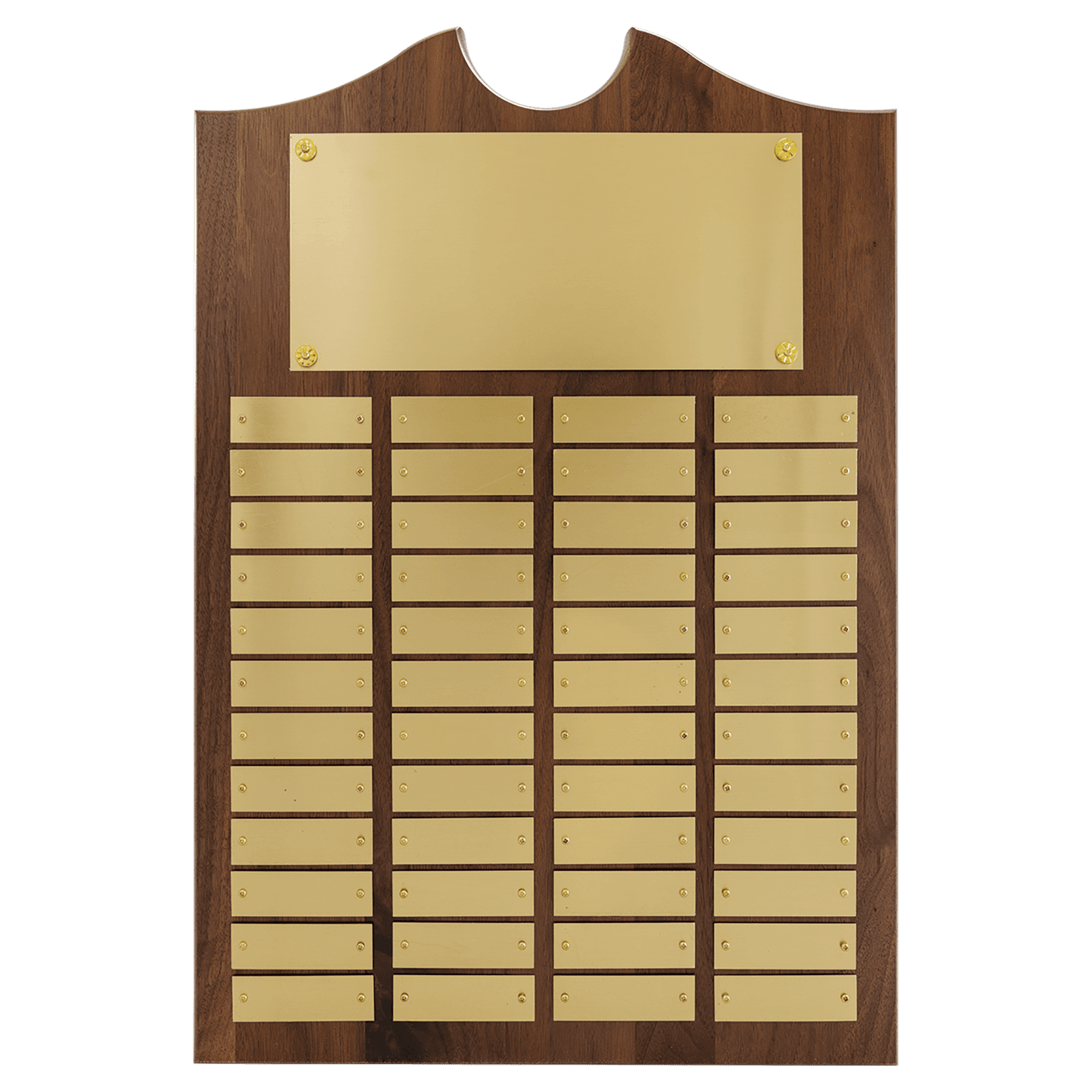 Walnut 48 Plate Perpetual Plaque with Brushed Brass 14" x 20"/Plates 7/8" x 2 3/4" American Plates