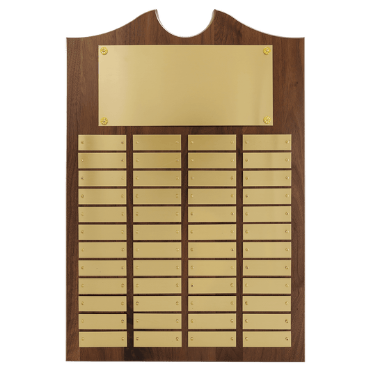 Walnut 48 Plate Perpetual Plaque with Brushed Brass 14" x 20"/Plates 7/8" x 2 3/4" American Plates