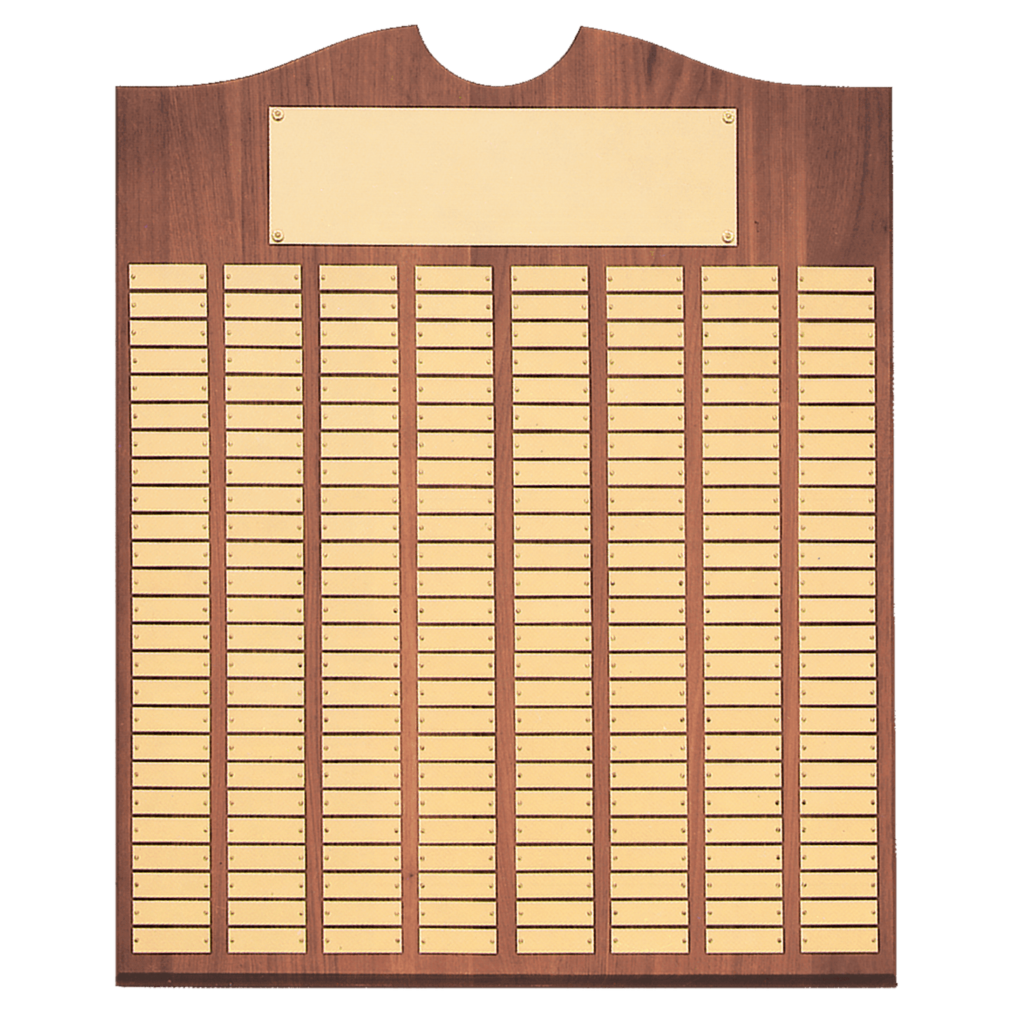 Walnut 72 Plate Perpetual Plaque with Brushed Brass 14" x 25"/Plates 7/8" x 2 3/4" American Plates