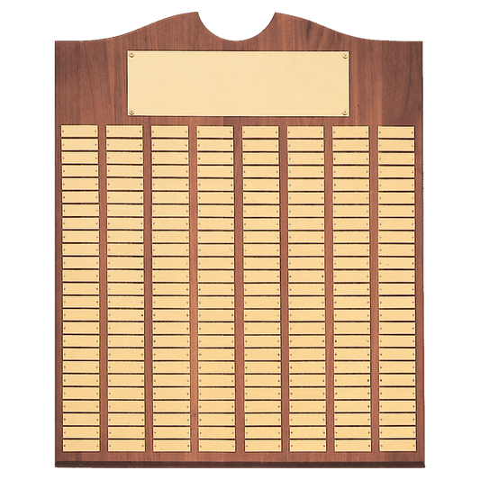 Walnut 72 Plate Perpetual Plaque with Brushed Brass 14" x 25"/Plates 7/8" x 2 3/4" American Plates