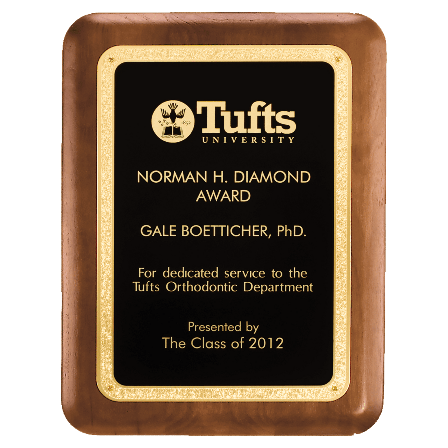 8" x 10 1/2" American Walnut Plaque with Textured Black LaserFX Plate with Gold Florentine Border