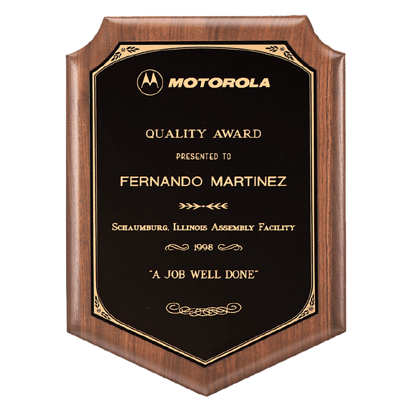 Walnut Plaque with Gold Border Laserable Black Brass 7" x 8" American Plate