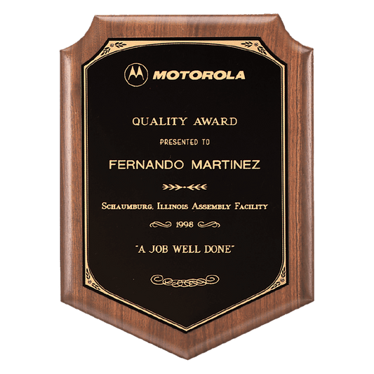 Walnut Plaque with Gold Border Laserable Black Brass 8" x 10 1/2" American Plate