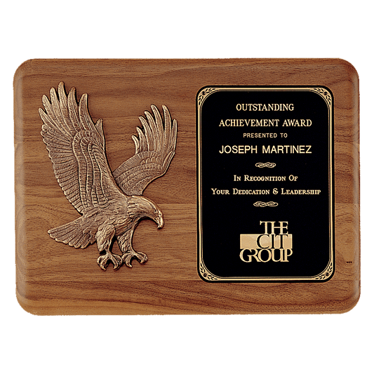 15" x 11" Solid American Walnut Plaque with Sculptured Relief Eagle Casting and Laser Engravable Black Brass Plate
