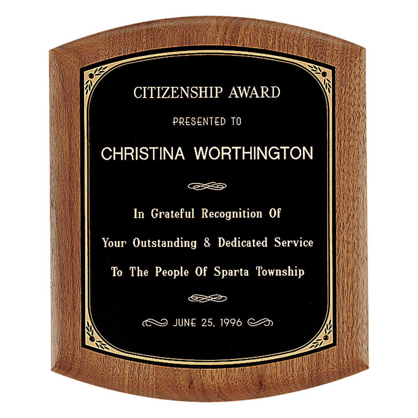 7 1/2" x 8 1/2" Coventry Series American Walnut Plaque with Gold Border Black Laserable Brass Plate