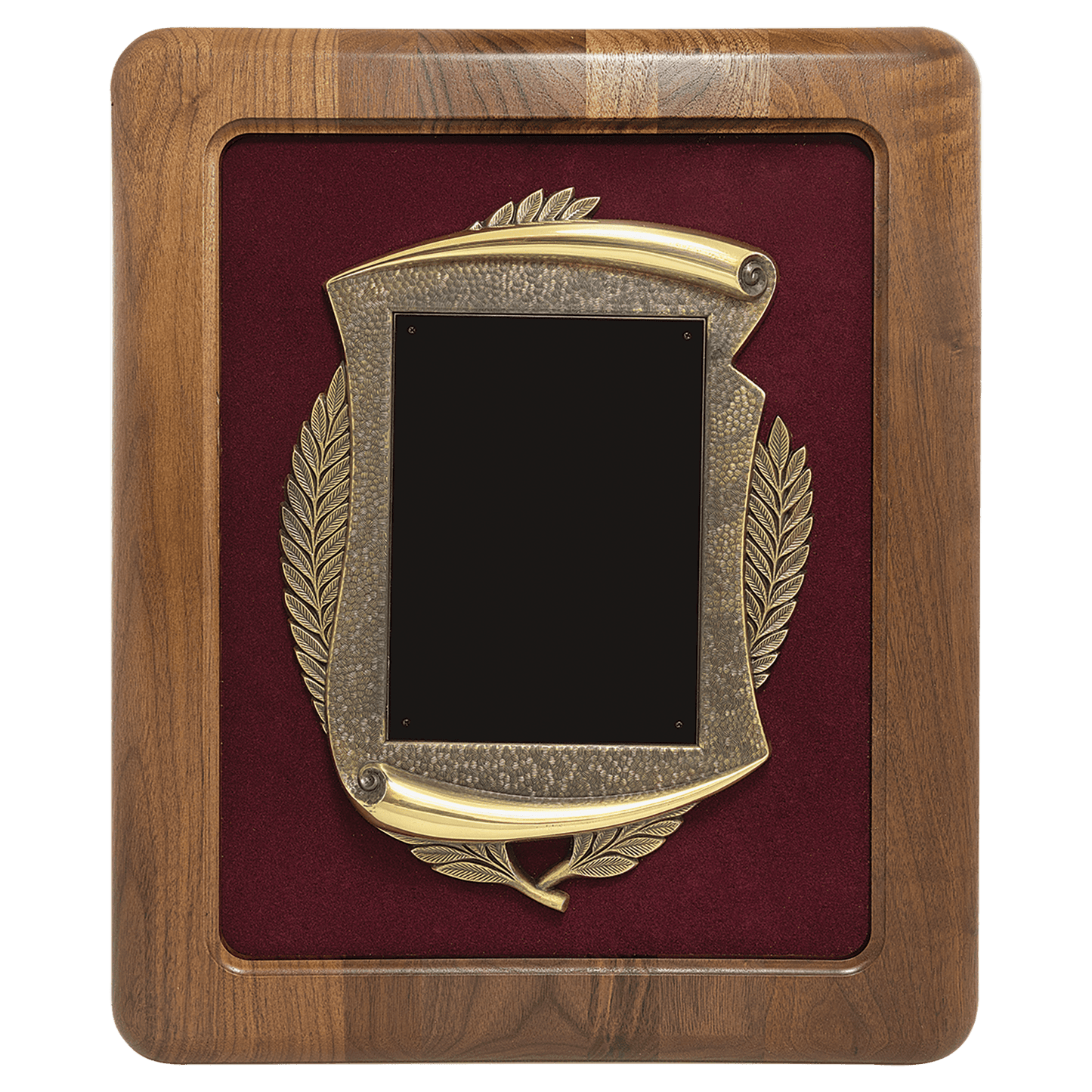 Walnut Frame w/Maroon Velour Back/Bronze Finish Frame/Black Brass 14" x 17" American Plate