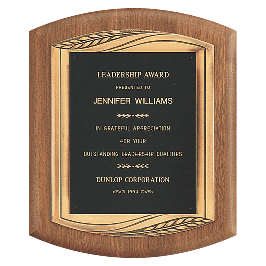 11 1/2" x 14" American Walnut Plaque with Antique Bronze Finish Frame Casting and Black Laserable Brass Personalization Plate