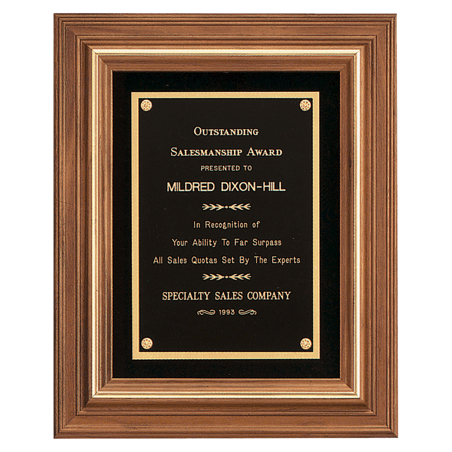 12" x 14" American Walnut Framed Plaque w/Gold Trim & Black Velour Back, Black Brass Plate