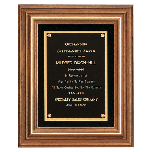 12" x 14" American Walnut Framed Plaque w/Gold Trim & Black Velour Back, Black Brass Plate