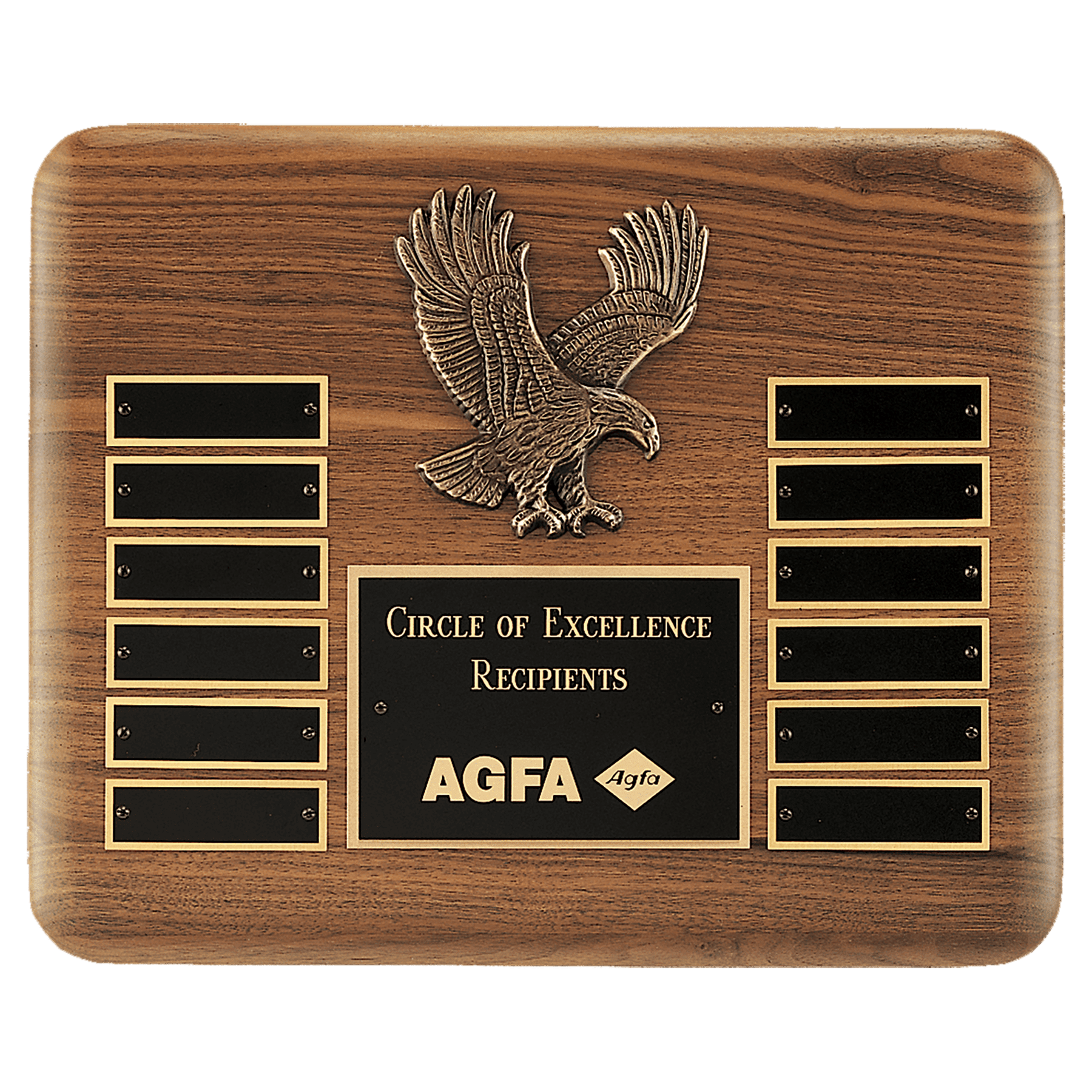 13" X 10 1/2" Solid American Walnut Plaque with Finely Detailed Antique Bronze Eagle Casting and Black LaserFX Header and 12 Perpetual Plates