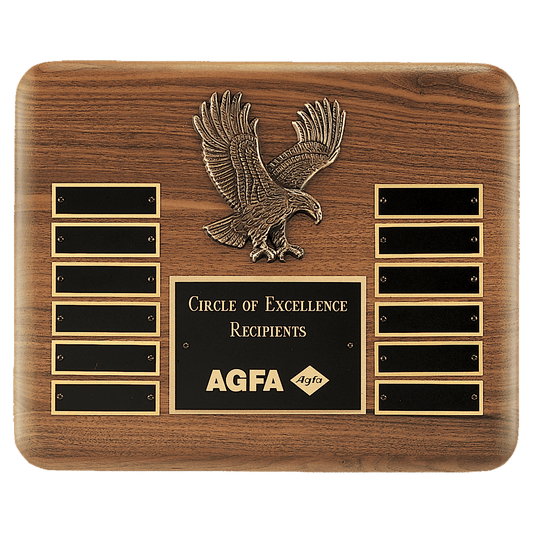 13" X 10 1/2" Solid American Walnut Plaque with Finely Detailed Antique Bronze Eagle Casting and Black LaserFX Header and 12 Perpetual Plates