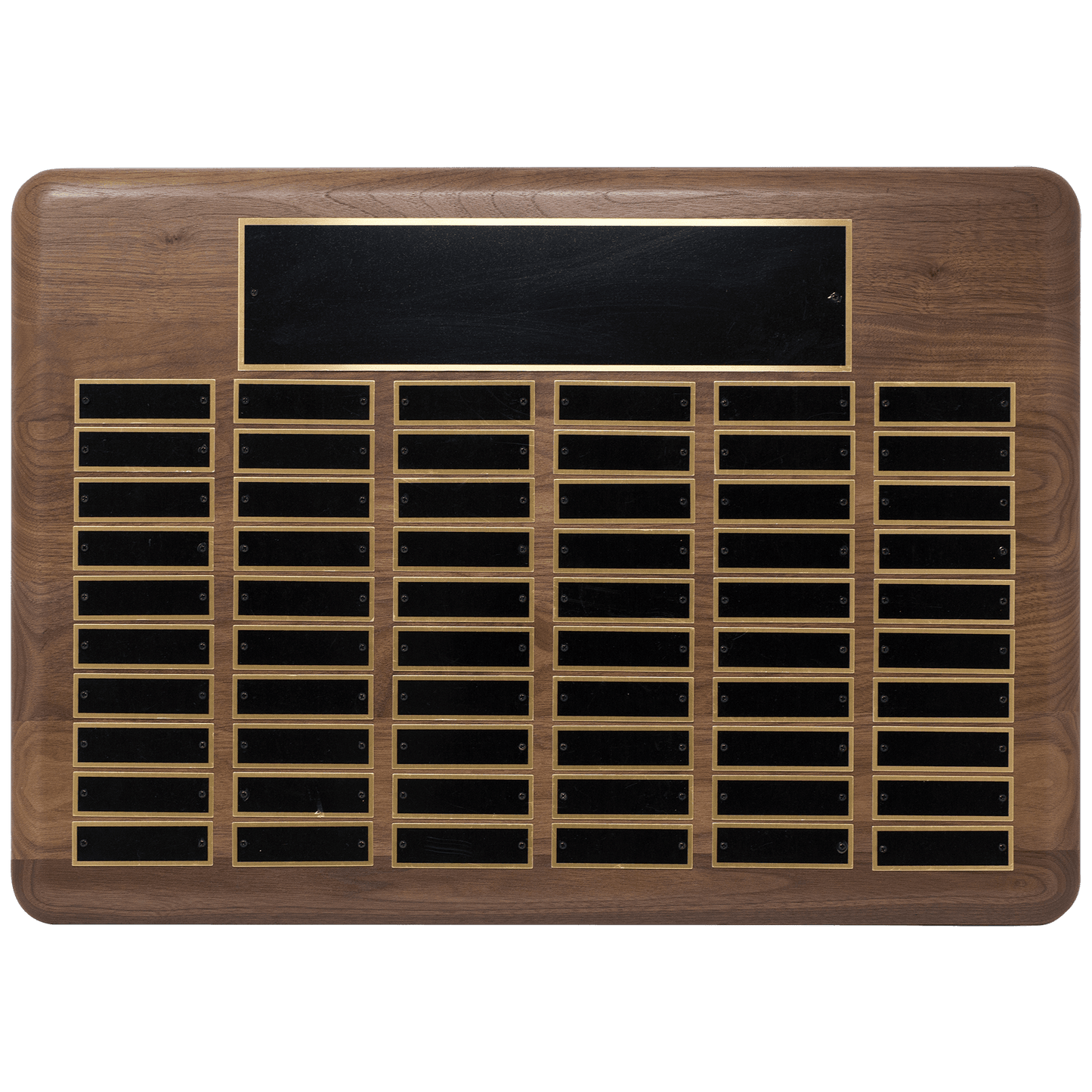 Walnut 60 Plate Perpetual Plaque with Black Brass 15" x 21"/Plates 7/8" x 2 3/4" American Plated Steel Plates