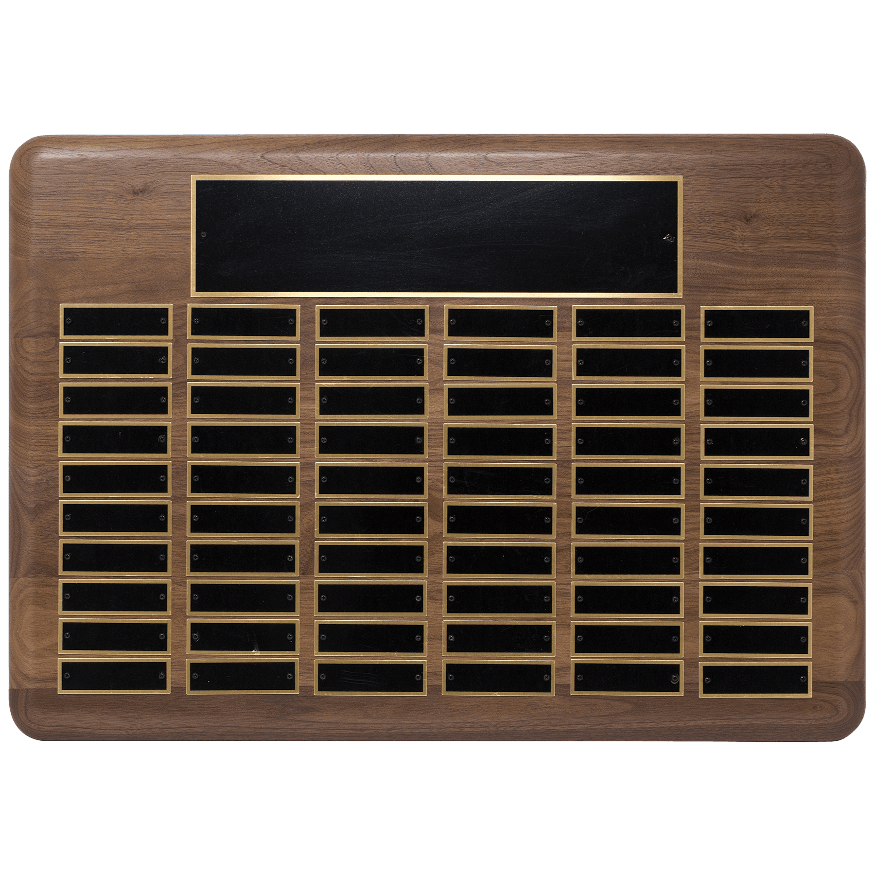 Walnut 60 Plate Perpetual Plaque with Black Brass 15" x 21"/Plates 7/8" x 2 3/4" American Plated Steel Plates
