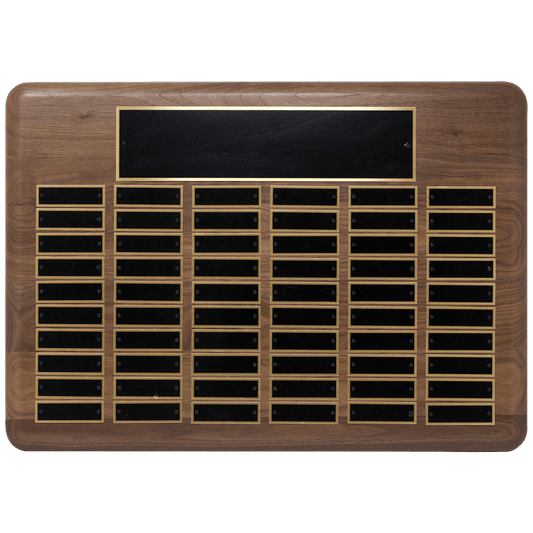 Walnut 60 Plate Perpetual Plaque with Black Brass 15" x 21"/Plates 7/8" x 2 3/4" American Plated Steel Plates