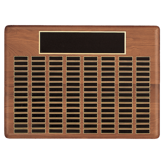 Walnut 144 Plate Perpetual Plaque with Black Brass 22" x 30"/Plates 7/8" x 2 3/4" American Plated Steel Plates