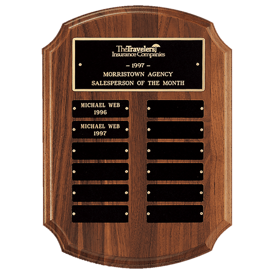 11" x 15" American Walnut 12 Plate Perpetual Plaque with Black Brass Plates